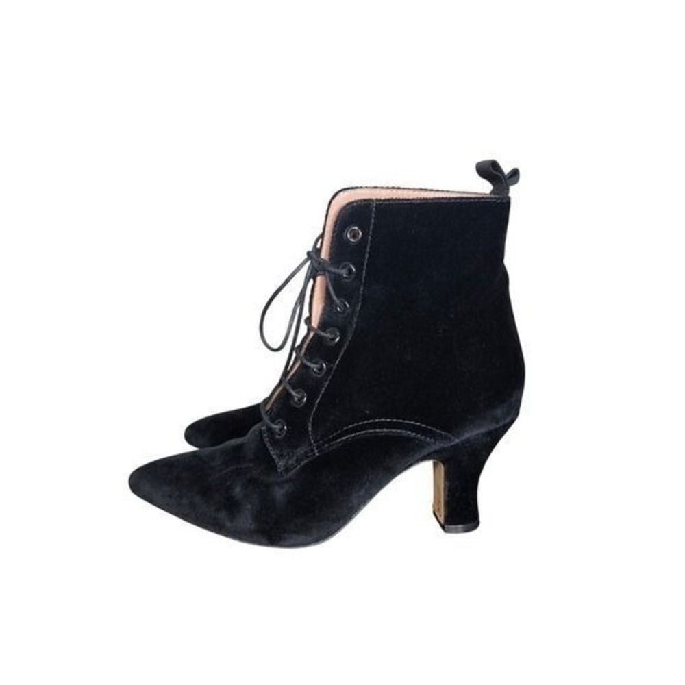 ALEXACHUNG Black Velvet Lace Up Ankle Boots 40 Pointed Toe Victorian Heels - Picture 2 of 9